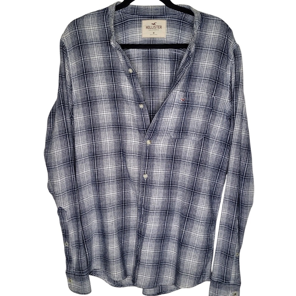 Hollister Men's Plaid Cotton Button-Up Shirt Blue White Long Sleeve M